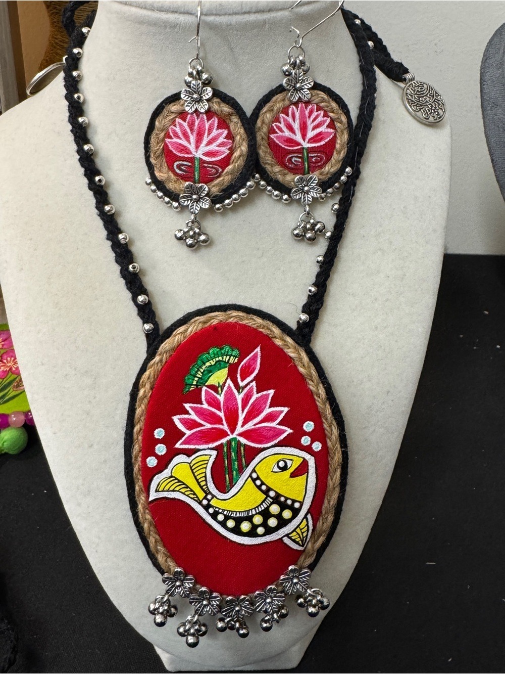 Handcrafted Red Lotus & Fish Necklace Set - Women Jewelry